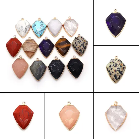Natural Stone Faceted Shield Pendant Only Without Chain Gold Plated Edge DIY Jewelry Making Accessory For Necklace Earring