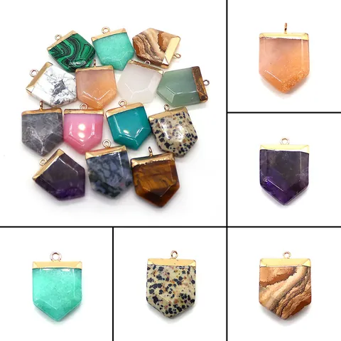 Natural Stone Sword Shaped Pendant With Electroplated Gold Edge Malachite Tiger Eye Geometric Shield DIY Jewelry Making Accessories
