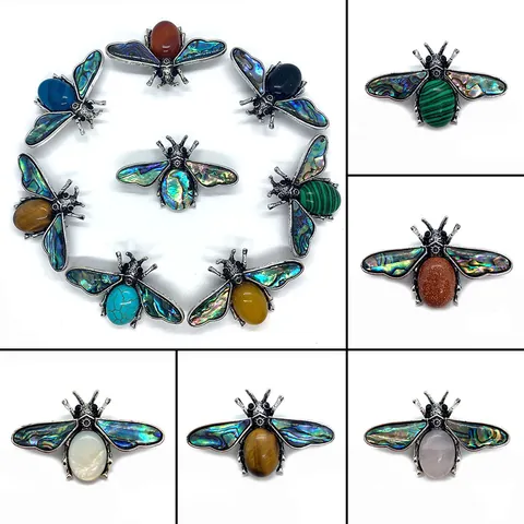 Vintage Bee Brooch Pendant Natural Stone Abalone Shell Inlay Alloy Insect Pin Jewelry For Wedding Party Women Gift