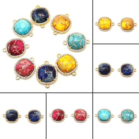 Natural Stone Jewelry Connector Electroplated Copper Zirconia Halo Square Pendant For DIY Necklace Bracelet Making Jewelry Accessories