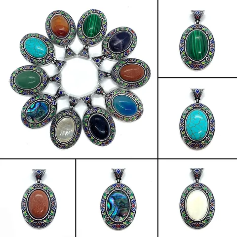Oval Natural Stone Pendant Cloisonne Enamel Flower Inlaid Shell Copper Charms For DIY Necklace Making Jewelry Gift
