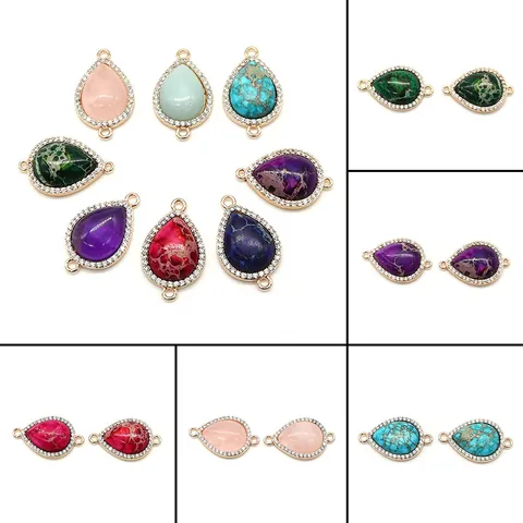 Teardrop Natural Stone Connector Pendant With Zirconia Halo Gold Plated Copper Double Ring For DIY Jewelry Making Accessories