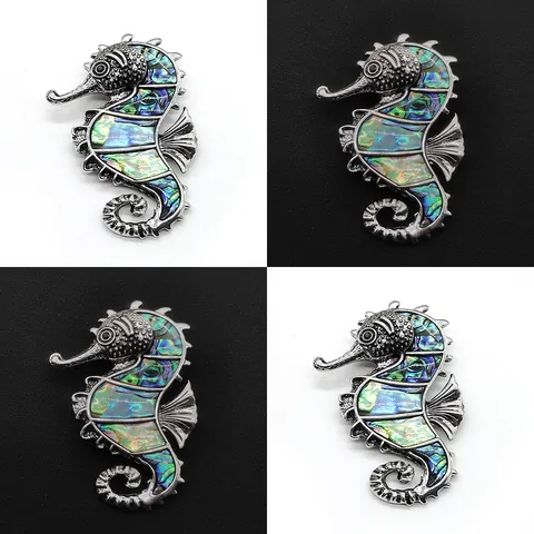 Vintage Abalone Shell Seahorse Brooch Pendant Nautical Zinc Alloy Inlaid Shell Jewelry Accessory For Women Gift