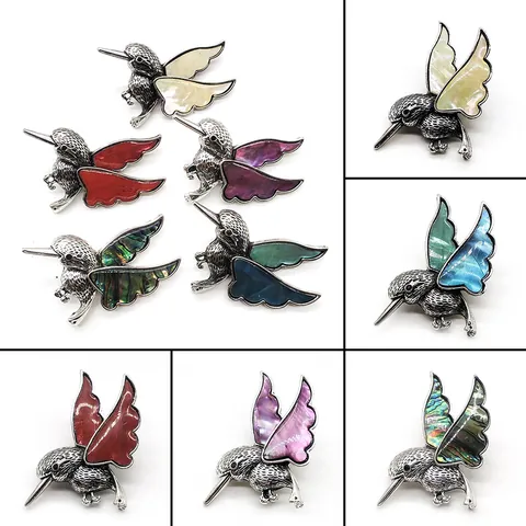 Vintage Natural Sea Shell Hummingbird Brooch Pendant Alloy Mother Of Pearl Abalone Shell Inlaid Animal Brooches For Women Men Gift