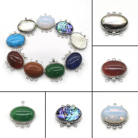 Natural Stone Oval Pendant Zinc Alloy Inlaid Shell Three Row Insert Clasp DIY Jewelry Making Multi Layer Connector