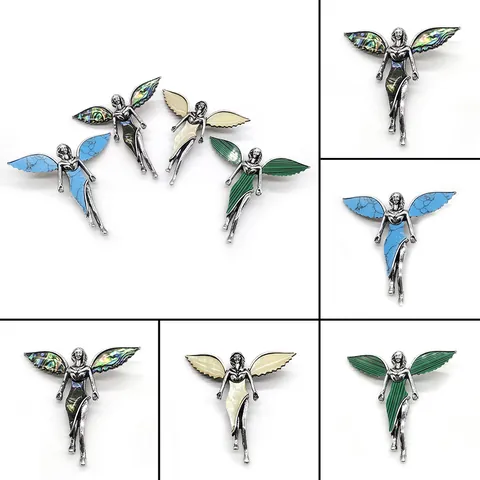 Vintage Angel Fairy Brooch Pendant Zinc Alloy Inlaid Natural Shell Abalone Mother Of Pearl For Women Jewelry Accessories