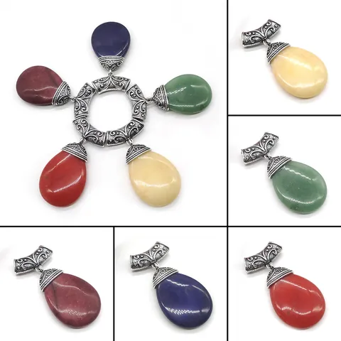 Naturstein Wassertropfen Anhänger Ohne Kette Retro Zinklegierung Gravierte Kappe DIY Schmuckherstellung Zubehör Für Damen