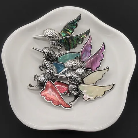 Vintage Natural Sea Shell Hummingbird Brooch Pendant Alloy Mother Of Pearl Abalone Shell Inlaid Animal Brooches For Women Men Gift