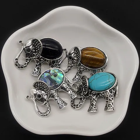 Broche Colgante de Elefante de Aleación de Zinc Vintage con Incrustaciones de Concha Piedra Natural Joyería de Animales para Boda Fiesta