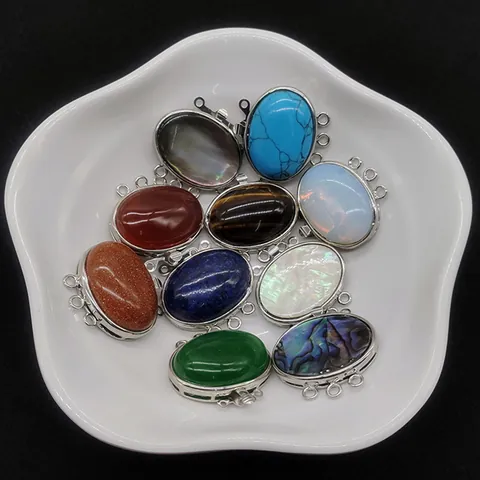 Natural Stone Oval Pendant Zinc Alloy Inlaid Shell Three Row Insert Clasp DIY Jewelry Making Multi Layer Connector