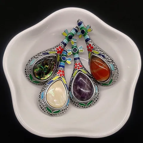 Vintage Pipa Form Anhänger Brosche Zinklegierung Emaille Eingelegter Naturstein Abalone Muschel Tigerauge Amethyst Schmuckherstellung Zubehör