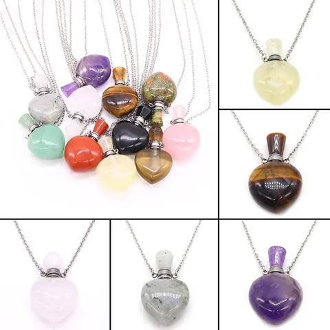 Natural Stone Heart Perfume Bottle Pendant Necklace Stainless Steel Chain Essential Oil Diffuser Aromatherapy Jewelry Gift