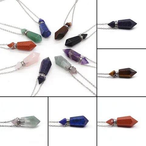 Natural Stone Hexagonal Column Perfume Bottle Necklace Stainless Steel Chain Essential Oil Diffuser Pendant Healing Crystal Jewelry