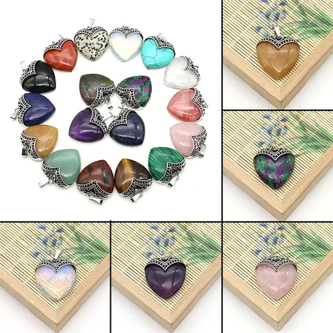 Hartvorm Natuursteen Hanger Met Retro Holle Koperen Bail Voor DIY Sieraden Maken Amethist Rozenkwarts Ketting Accessoire