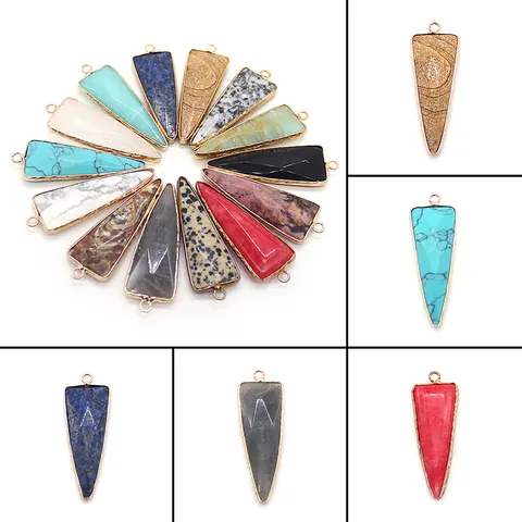 Natural Stone Triangle Crystal Pendant Charms Electroplated Copper Edging For DIY Jewelry Making Necklace Accessories