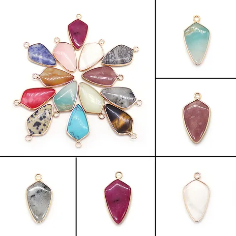 Natural Stone Shield Shape Pendant DIY Jewelry Accessories Tiger Eye Turquoise Rose Quartz With Electroplated Copper Edge Jewelry Making For Women