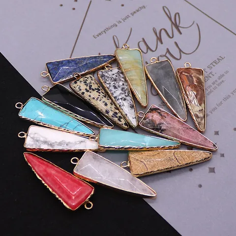 Natural Stone Triangle Crystal Pendant Charms Electroplated Copper Edging For DIY Jewelry Making Necklace Accessories