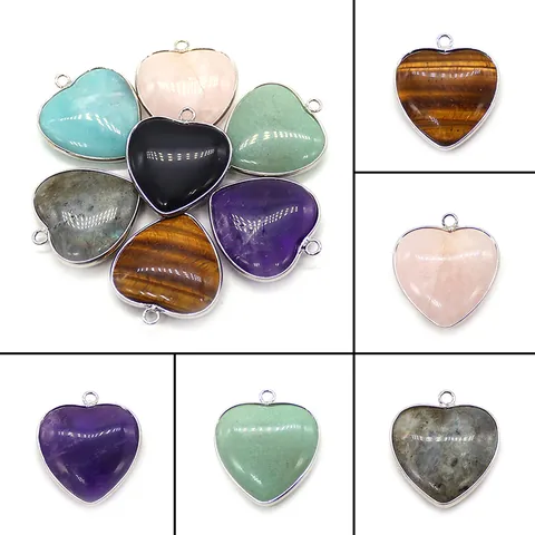 Naturstein Herzform Anhänger Ohne Kette Mit Kupferrand Rosenquarz Tigerauge Amethyst DIY Halskette Zubehör