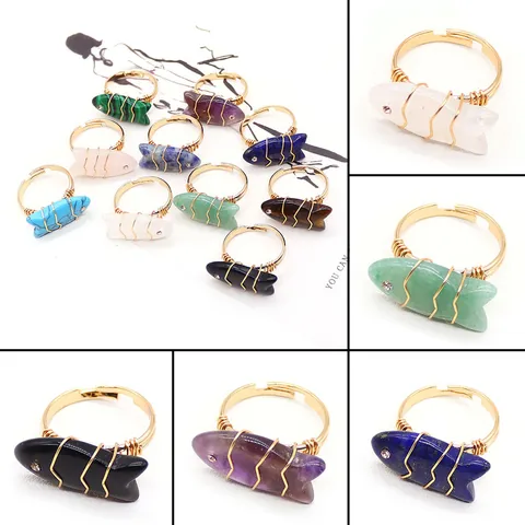 Anello in Pietra Naturale a Forma di Pesce Fatto a Mano Avvolto in Filo di Acciaio Inossidabile Anello Regolabile Gioielli Moda