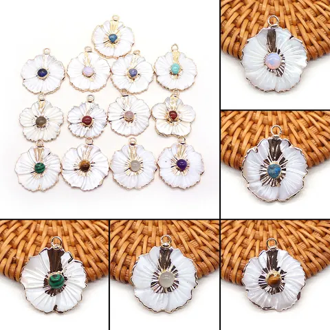 Flower Petal Freshwater Shell Pendant Only (Without Chain) With Natural Stone Inlay Copper Gold Plated Floral Jewelry Findings For DIY Necklace Making Women Elegant Accessory
