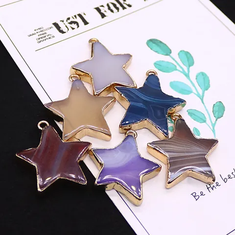 Natural Stone Pentagram Pendant Striped Agate Electroplated Copper Edge Star Shape DIY Jewelry Making Accessory For Necklace