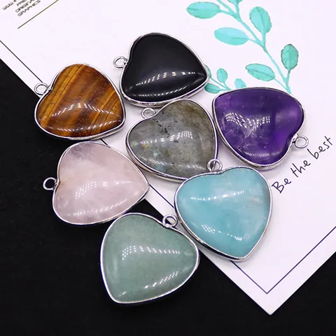 Naturstein Herzform Anhänger Ohne Kette Mit Kupferrand Rosenquarz Tigerauge Amethyst DIY Halskette Zubehör