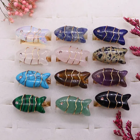 Anello in Pietra Naturale a Forma di Pesce Fatto a Mano Avvolto in Filo di Acciaio Inossidabile Anello Regolabile Gioielli Moda
