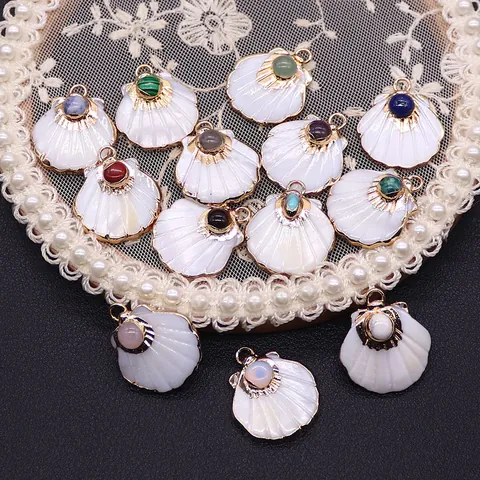 Natural Freshwater Shell Scallop Shape Pendant Inlaid Natural Stone Copper Gold Plated DIY Jewelry Making Charms Accessory
