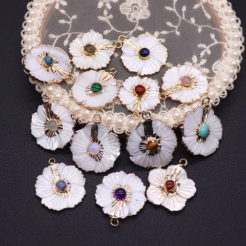 Flower Petal Freshwater Shell Pendant Only (Without Chain) With Natural Stone Inlay Copper Gold Plated Floral Jewelry Findings For DIY Necklace Making Women Elegant Accessory