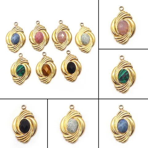Vintage Stainless Steel Natural Stone Oval Pendant Gold Spiral Texture Geometric Charm For DIY Jewelry Making Necklaces