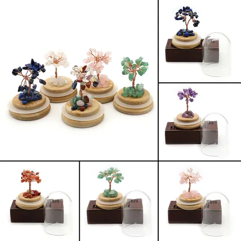 Natural Crystal Stone Fortune Tree Decoration With Glass Dome Wood Base Handmade Copper Wire Money Tree Desk Ornament For Home Office