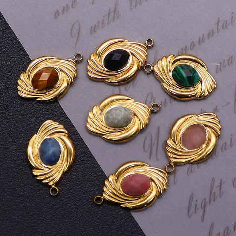 Vintage Stainless Steel Natural Stone Oval Pendant Gold Spiral Texture Geometric Charm For DIY Jewelry Making Necklaces