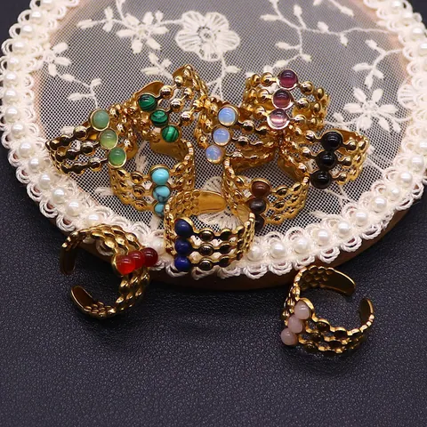 Egyptian Style Multi Layer Stainless Steel Open Ring Inlaid Natural Stone Beads Exotic Ethnic Bohemian Jewelry For Women