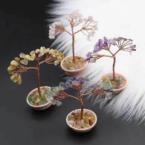 Árbol del Dinero de Piedra Natural Hecho a Mano Alambre de Cobre Envuelto Con Base de Cesta de Flores Para Decoración de Escritorio Hogar