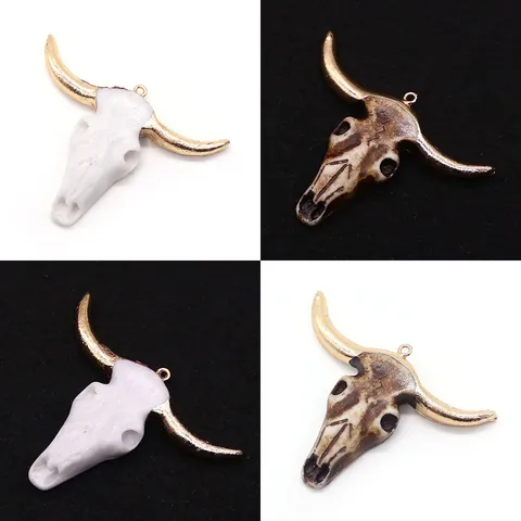 Bull Head Skull Pendant Acrylic Resin DIY Jewelry Making Accessory For Necklace Sweater Chain Gold Plated Horns Bohemian Style