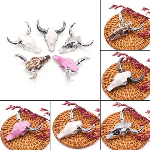 Bohemian Electroplated Acrylic Bull Skull Pendants Alloy Metal Horn Cow Head Pendant For DIY Jewelry Making Necklaces