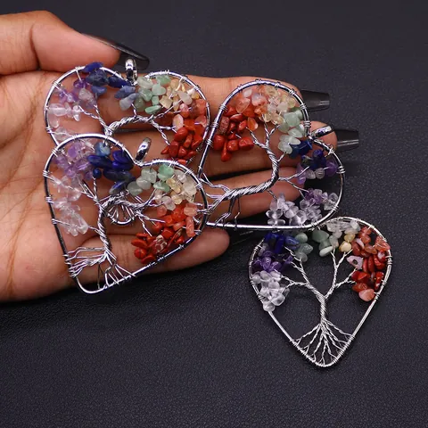 Natural Stone Crystal Chip Tree Of Life Heart Pendant Stainless Steel Wire Wrapped Healing Jewelry DIY Pendant Accessory