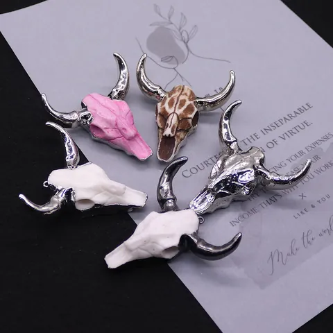 Bohemian Electroplated Acrylic Bull Skull Pendants Alloy Metal Horn Cow Head Pendant For DIY Jewelry Making Necklaces