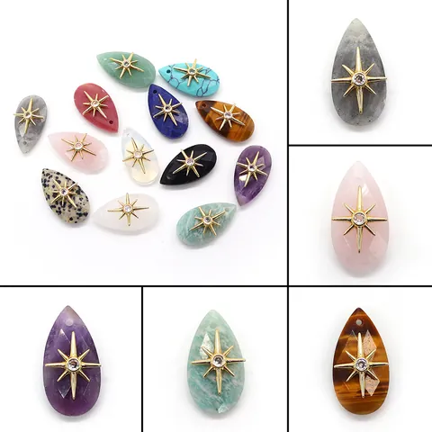 Natural Stone Teardrop Faceted Pendant With Starburst Zirconia Gold Plated Copper DIY Jewelry Making Accessory For Necklace Earrings