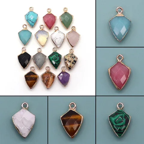 Natural Stone Shield Shape Pendant Gold Plated Border DIY Jewelry Making Accessories Necklace Earrings For Women Men