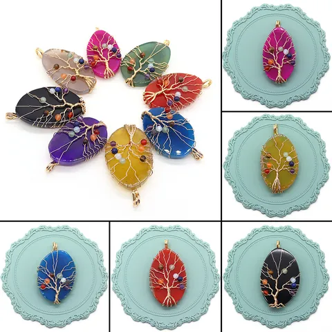 Handgemaakte Draadgewikkelde Levensboom Agaat Schijf Hanger Natuursteen Chakra Kralen Onregelmatige Edelsteen Alleen Hanger Zonder Ketting