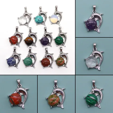 Dolphin Whale Shaped Natural Stone Pendant Only Without Chain Electroplated Copper Inlaid Round Bead For DIY Necklace Jewelry Making Women Men Charms