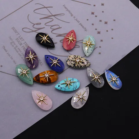 Natural Stone Teardrop Faceted Pendant With Starburst Zirconia Gold Plated Copper DIY Jewelry Making Accessory For Necklace Earrings