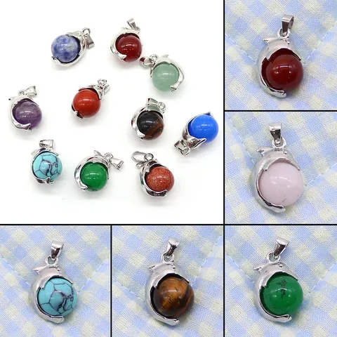 Natural Stone Dolphin Shape Pendant Round Bead Electroplated Metal Charm For DIY Jewelry Making Necklace Accessories Women
