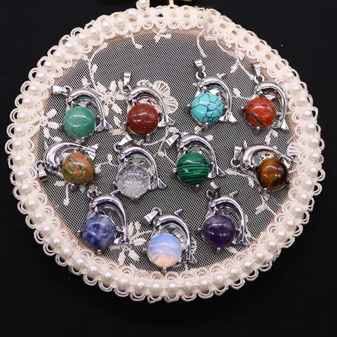 Dolphin Whale Shaped Natural Stone Pendant Only Without Chain Electroplated Copper Inlaid Round Bead For DIY Necklace Jewelry Making Women Men Charms