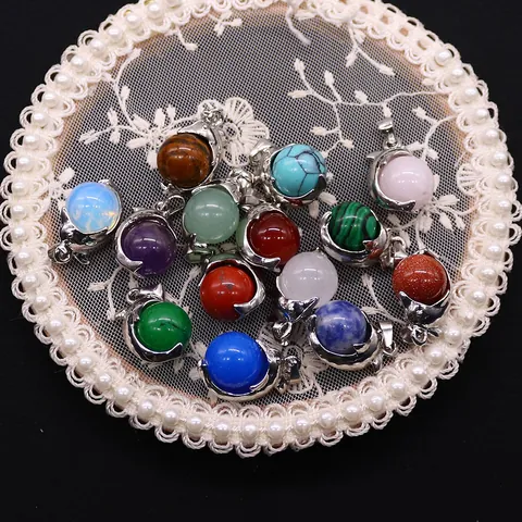 Natural Stone Dolphin Shape Pendant Round Bead Electroplated Metal Charm For DIY Jewelry Making Necklace Accessories Women