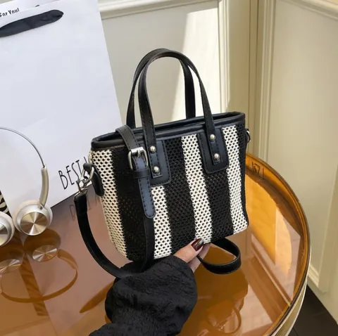 Women Striped Mesh Woven Bucket Bag Small Mini Tote Handbag With PU Leather Handle Detachable Shoulder Strap Casual Crossbody Bag Summer Vacation Fashion Bag