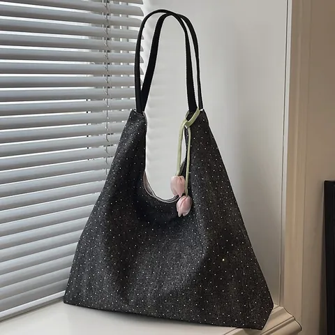 Korean Style Large Capacity Denim Canvas Tote Bag Rhinestone Starry Pattern Tulip Pendant Shoulder Bag For Women Commuting School