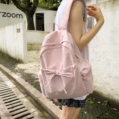 Minimalistische Nylon Schoolrugzak Voor Meisjes Koreaanse Stijl Effen Kleur Student Boekentas Met Strik Decoratie Lichtgewicht Reizen Laptop Dagrugzak