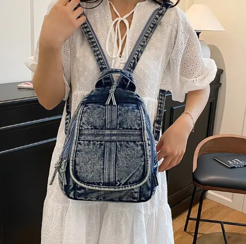 Vintage Washed Denim Rucksack Für Damen Mode Große Kapazität Streetwear Alltäglich Lässige Schultasche Mit Kreuzstich Details